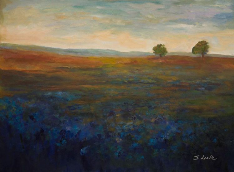 LeslieSu-Blue-Flower-Field-at-Sunset_Oil_22x30