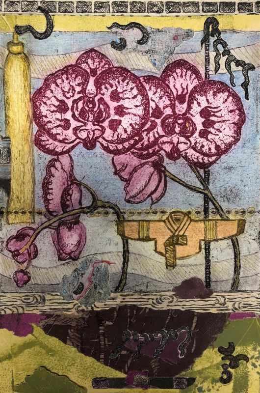 RumbaughJa-Orchids-Hanbok-and-Tassel_Print-Etch_13.5x10